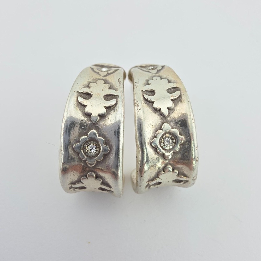 BRIGHTON Half Hoop Earrings Clear Crystal Raised Fleur De Lis Motif Silver Plate